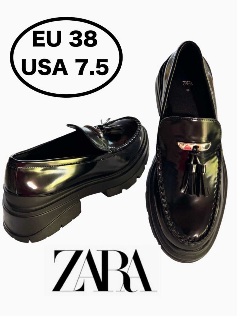 Zara Black Patent Leather Tassel Track Sole Chunky
Platform Loafers (38/7.5) - Picture 1 of 17